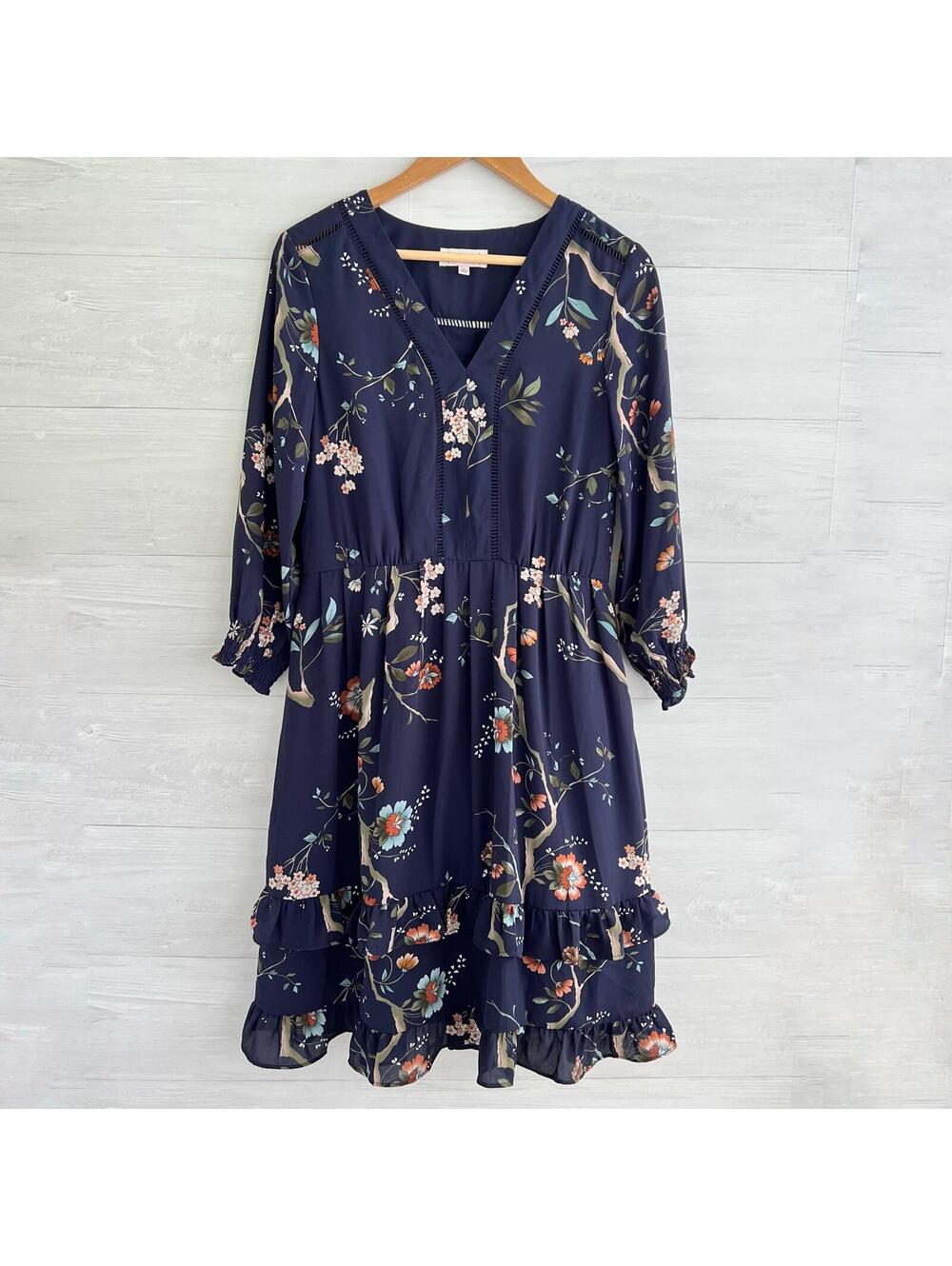 Nanette Lepore Navy Floral Chiffon Dress sz 10 Tiered Ruffle Boho Midi